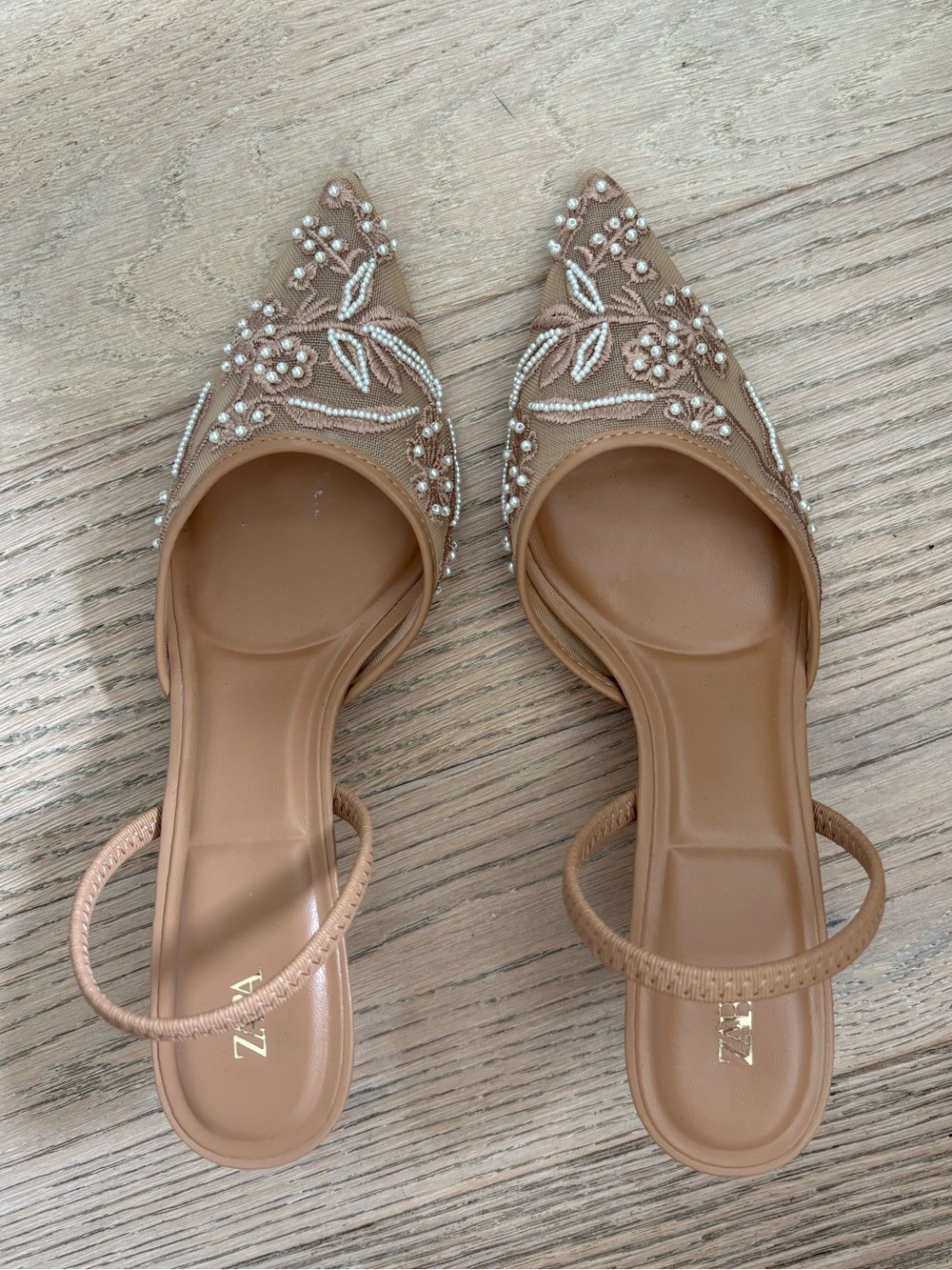 Zara Nude Embroidered Mesh Slingback Kitten Heels - Picture 3 of 7